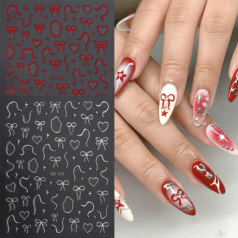 BSBTBZ 4Sheets Gold Silver Bows Nail Art Stickers 3D Cute Red Bows Heart Nail Decals for Acrylic Nails Self-Adhesive Irregular Lines Designs Nail Stickers Love Star Nail Decal for Women DIY Manicure Decor - Image 3